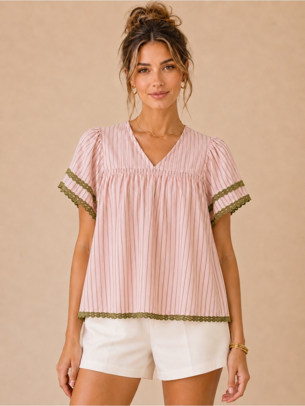 Oddi Pink Striped Babydoll Puff Sleeve Top with Olive Green Appliqué Trim NWT